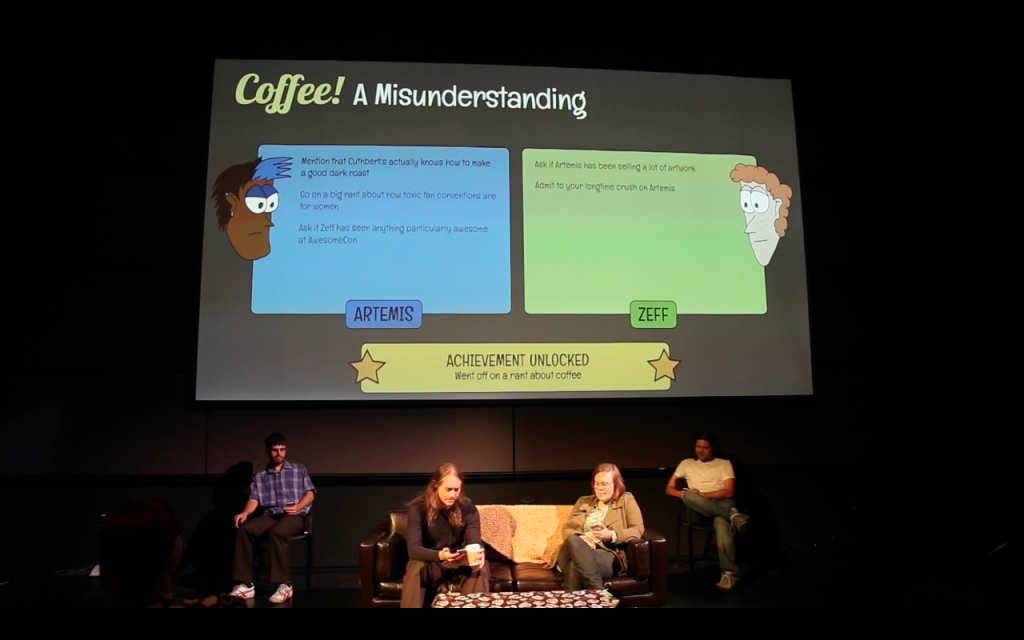 Players and puppeteers in a performance of "Coffee: A Misunderstanding"